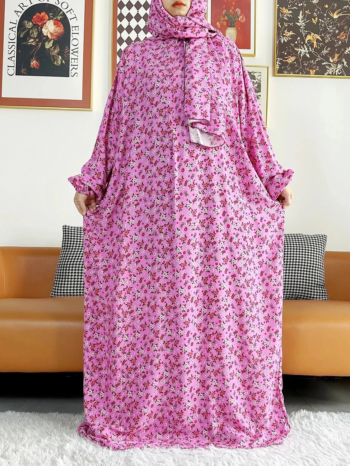 African Muslim Women Hooded Cotton Prayer Garment Kaftan With Hijab Floral Prints - Flexi Africa - Flexi Africa offers Free Delivery Worldwide - Vibrant African traditional clothing showcasing bold prints and intricate designs