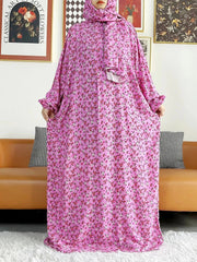 African Muslim Women Hooded Cotton Prayer Garment Kaftan With Hijab Floral Prints - Flexi Africa - www.flexiafrica.com