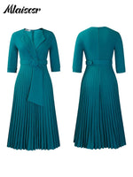 African Pleated A - Line Dress for Women – V - Neck High - Waist Office Dress with Belt - Free Delivery Worldwide only at Flexi Africa