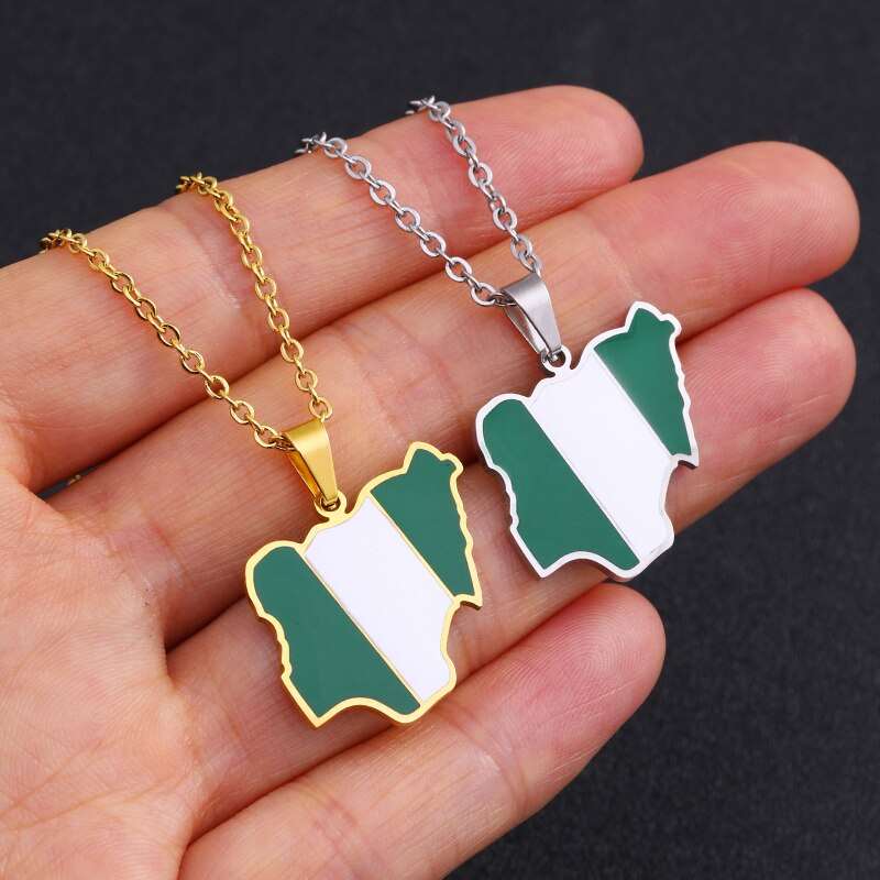 African Pride: Nigeria Map Flag Pendant Necklace - Flexi Africa - Flexi Africa offers Free Delivery Worldwide - Vibrant African traditional clothing showcasing bold prints and intricate designs