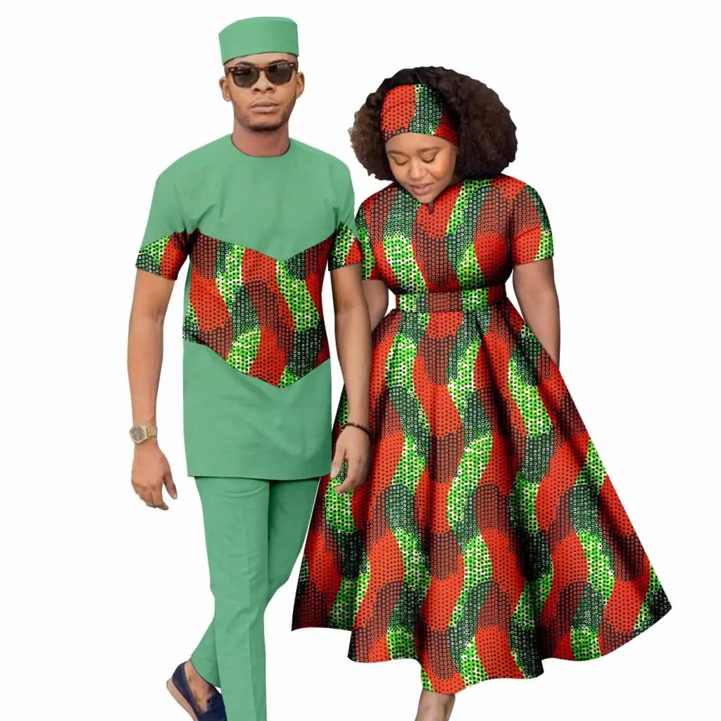 African Print Couple Matching Set – Women’s Long Dress & Men’s Dashiki Pant Outfit - Free Delivery Worldwide only at Flexi Africa