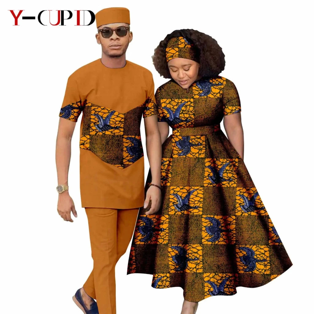 African Print Couple Matching Set – Women’s Long Dress & Men’s Dashiki Pant Outfit - Free Delivery Worldwide only at Flexi Africa