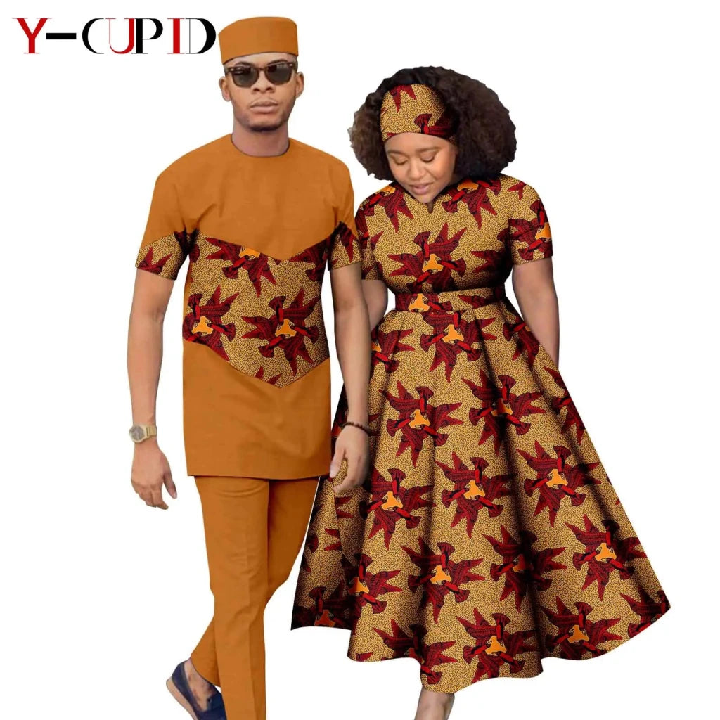 African Print Couple Matching Set – Women’s Long Dress & Men’s Dashiki Pant Outfit - Free Delivery Worldwide only at Flexi Africa