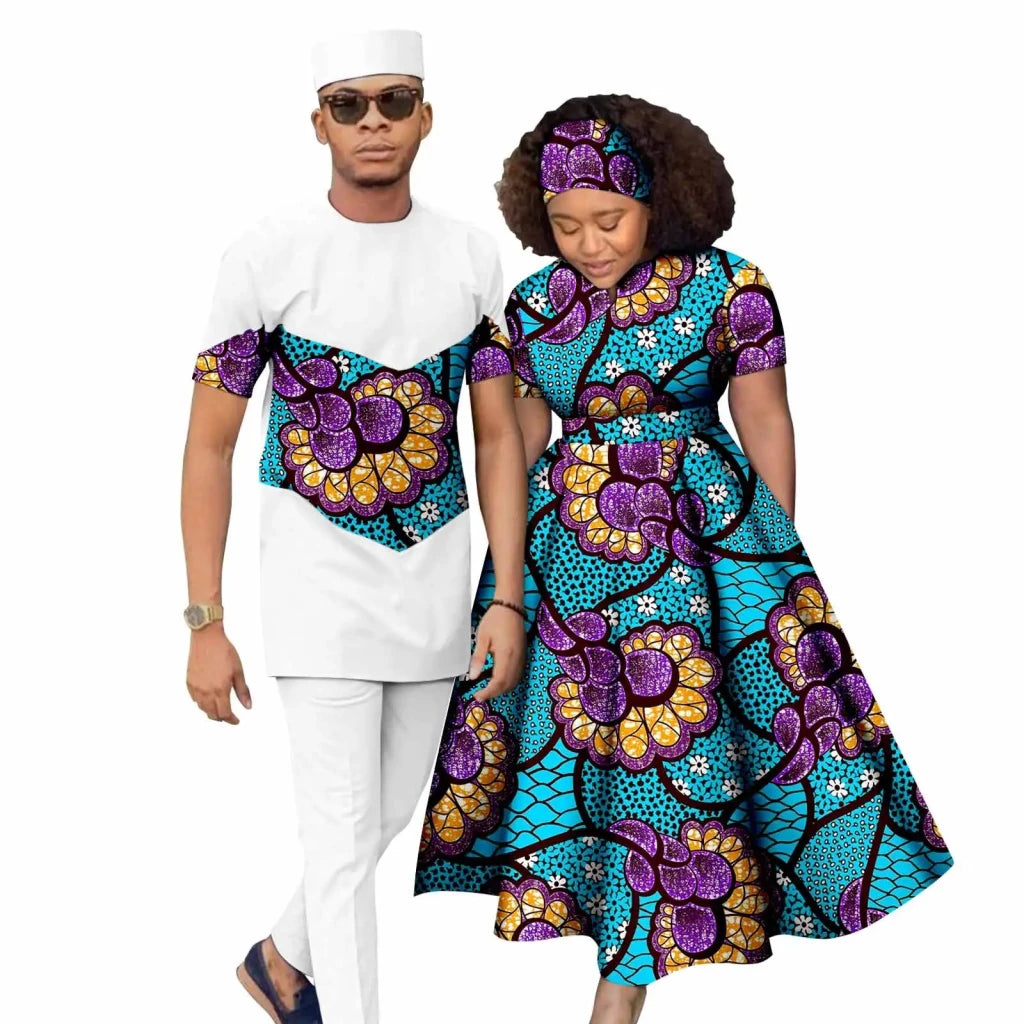 African Print Couple Matching Set – Women’s Long Dress & Men’s Dashiki Pant Outfit - Free Delivery Worldwide only at Flexi Africa