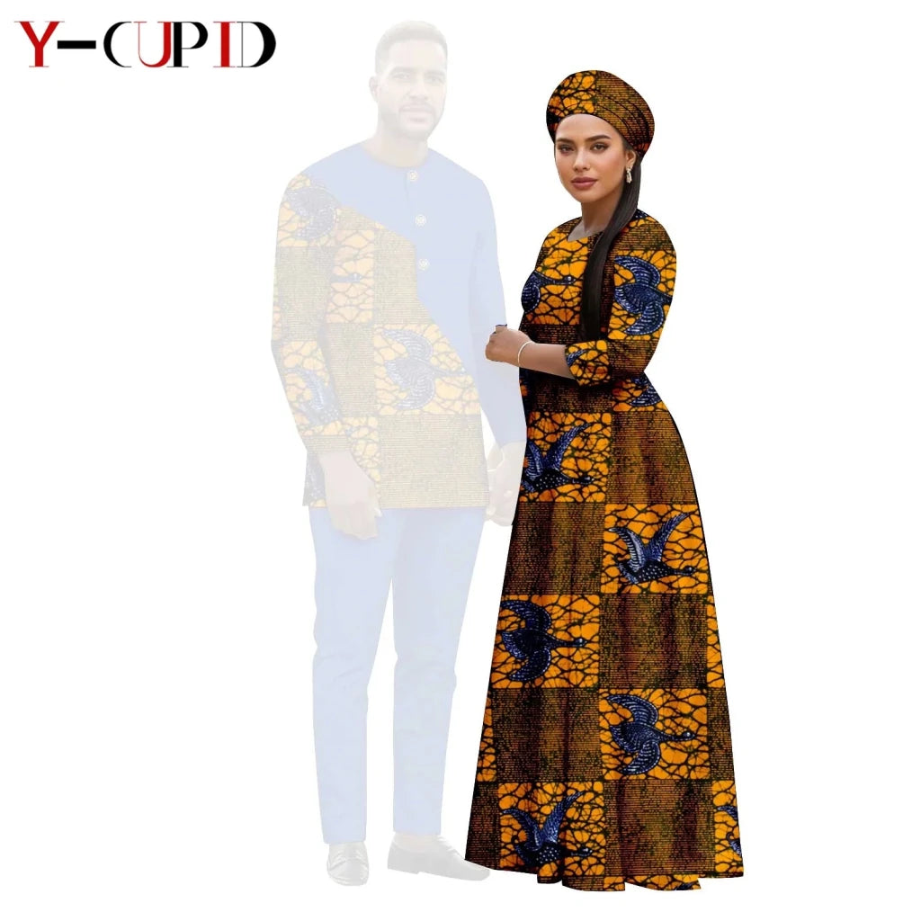 African Print Couple Outfit Set – Women’s Long Tutu Dress & Men’s Dashiki Suit Top and Pants - Free Delivery Worldwide only at Flexi Africa