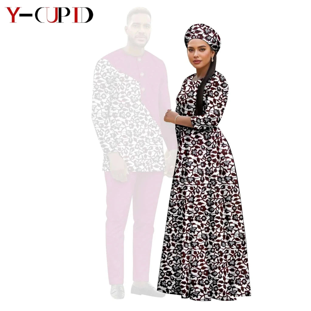 African Print Couple Outfit Set – Women’s Long Tutu Dress & Men’s Dashiki Suit Top and Pants - Free Delivery Worldwide only at Flexi Africa