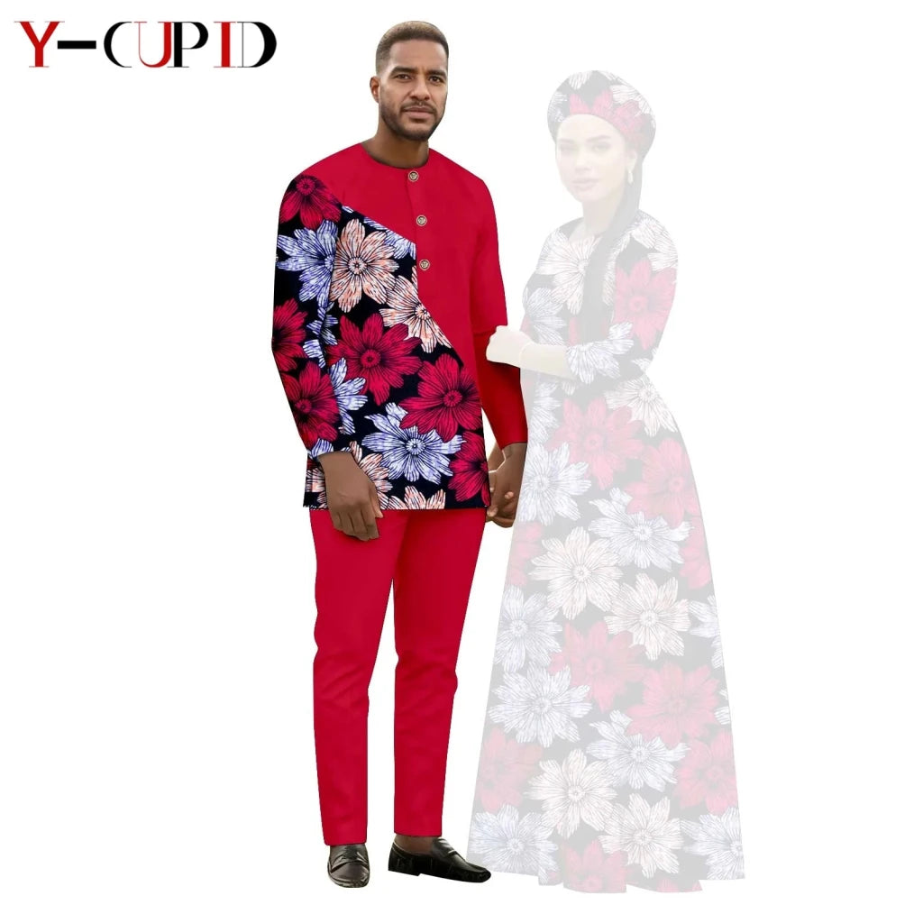 African Print Couple Outfit Set – Women’s Long Tutu Dress & Men’s Dashiki Suit Top and Pants - Free Delivery Worldwide only at Flexi Africa