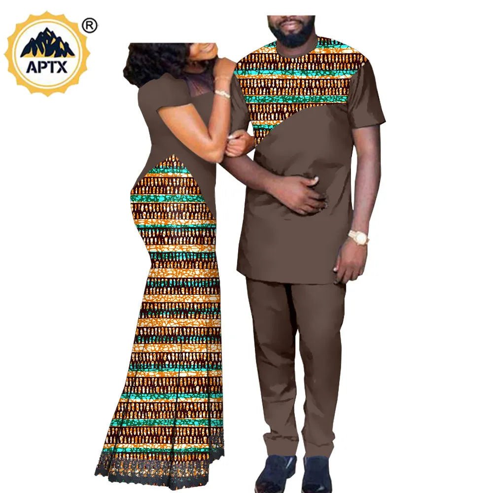 African Print Couple Set – Women’s Lace Dress Paired with Men’s Dashiki Shirt and Pants - Free Delivery Worldwide only at Flexi Africa