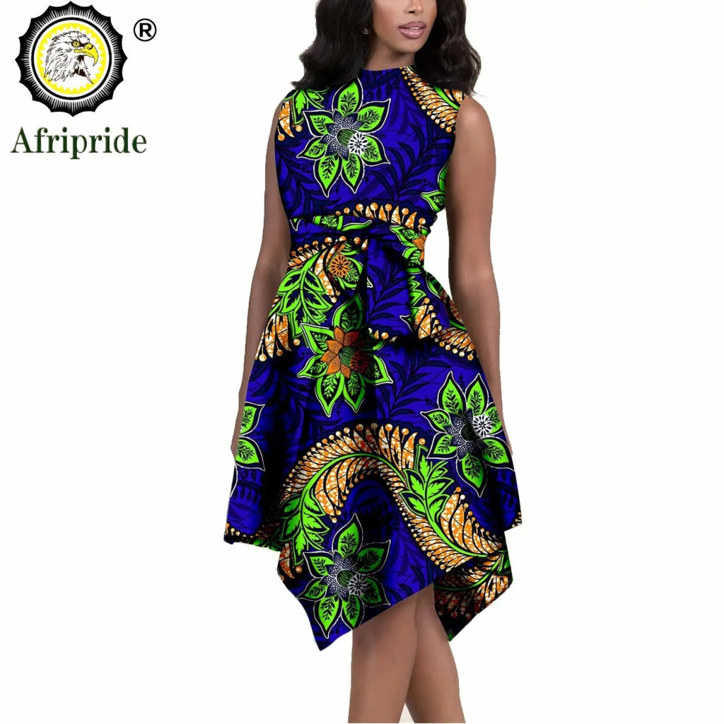 African Print Dresses for Women – Sleeveless Dashiki Ankara Knee Dress with Belt - Free Delivery Worldwide only at Flexi Africa