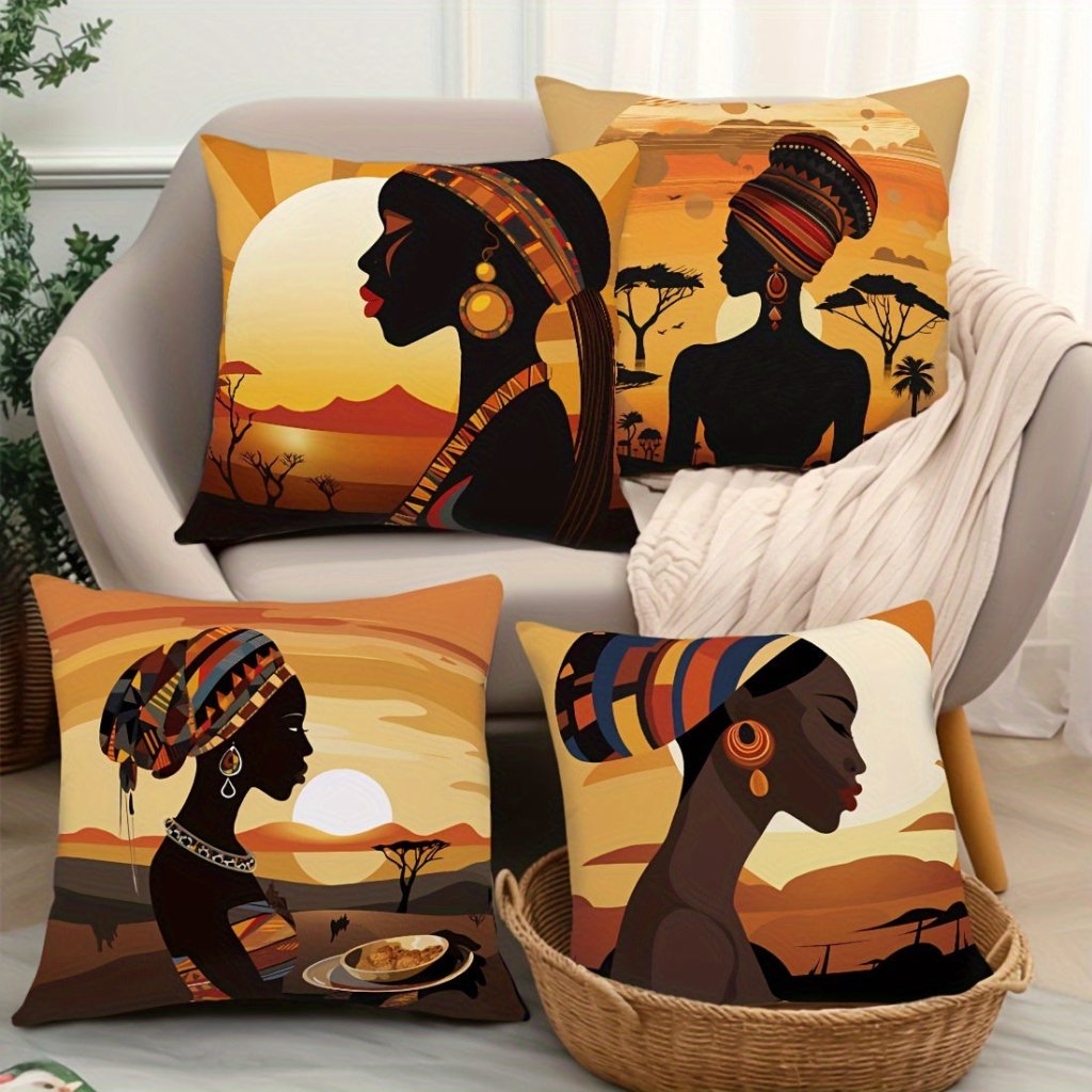 African Woman Decorative Throw Pillow Covers – Set of 4, 17.7" Square - Free Delivery Worldwide only at Flexi Africa