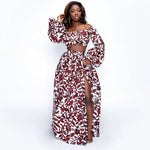 African Women’s 2 - Piece Dress Set – Dashiki Print Off - Shoulder Long Sleeve Top & Split Skirt Outfit - Free Delivery Worldwide only at Flexi Africa