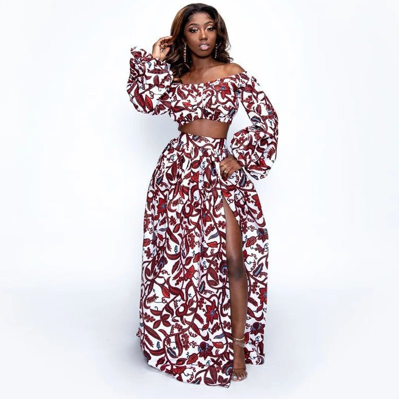 African Women’s 2 - Piece Dress Set – Dashiki Print Off - Shoulder Long Sleeve Top & Split Skirt Outfit - Free Delivery Worldwide only at Flexi Africa