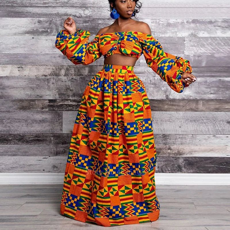 African Women’s 2 - Piece Dress Set – Dashiki Print Off - Shoulder Long Sleeve Top & Split Skirt Outfit - Free Delivery Worldwide only at Flexi Africa