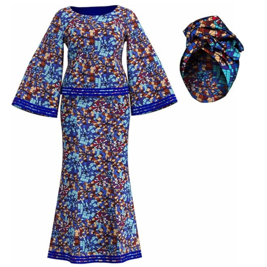 African Women’s Ankara Print 2PC Outfit – Long Sleeve Dashiki Top & Skirt Set with Matching Headwrap - Free Delivery Worldwide only at Flexi Africa