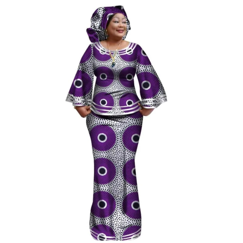 African Women’s Ankara Print 2PC Outfit – Long Sleeve Dashiki Top & Skirt Set with Matching Headwrap - Free Delivery Worldwide only at Flexi Africa