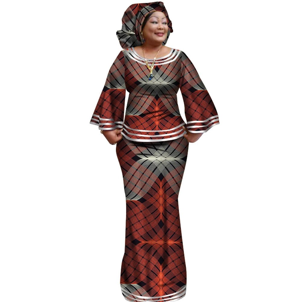 African Women’s Ankara Print 2PC Outfit – Long Sleeve Dashiki Top & Skirt Set with Matching Headwrap - Free Delivery Worldwide only at Flexi Africa
