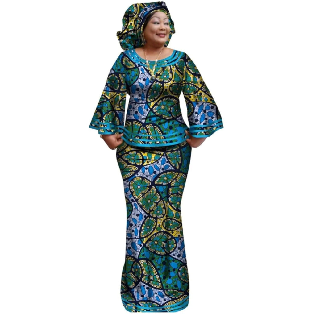 African Women’s Ankara Print 2PC Outfit – Long Sleeve Dashiki Top & Skirt Set with Matching Headwrap - Free Delivery Worldwide only at Flexi Africa