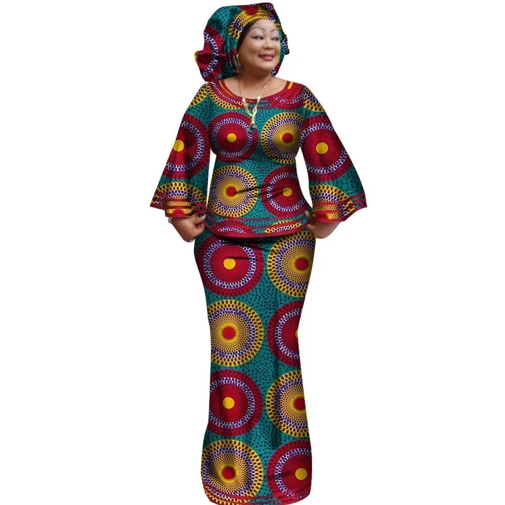 African Women’s Ankara Print 2PC Outfit – Long Sleeve Dashiki Top & Skirt Set with Matching Headwrap - Free Delivery Worldwide only at Flexi Africa