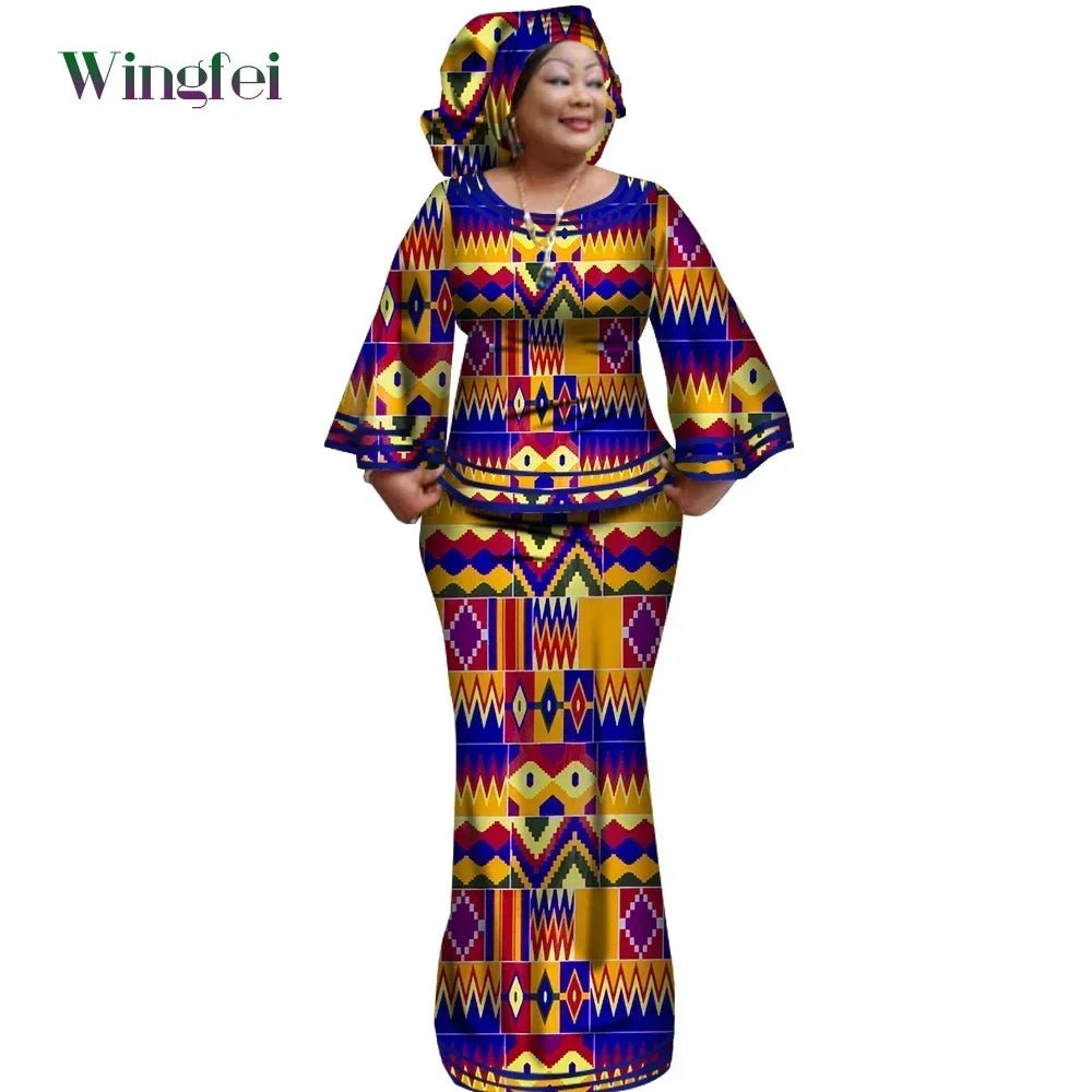 African Women’s Ankara Print 2PC Outfit – Long Sleeve Dashiki Top & Skirt Set with Matching Headwrap - Free Delivery Worldwide only at Flexi Africa