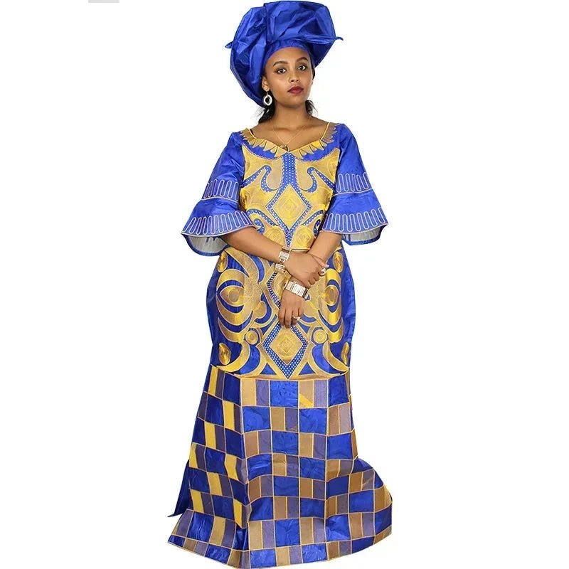 African Women's Bazin Riche Embroidered Plus - Size Long Dress with Matching Scarf - Free Delivery Worldwide only at Flexi Africa