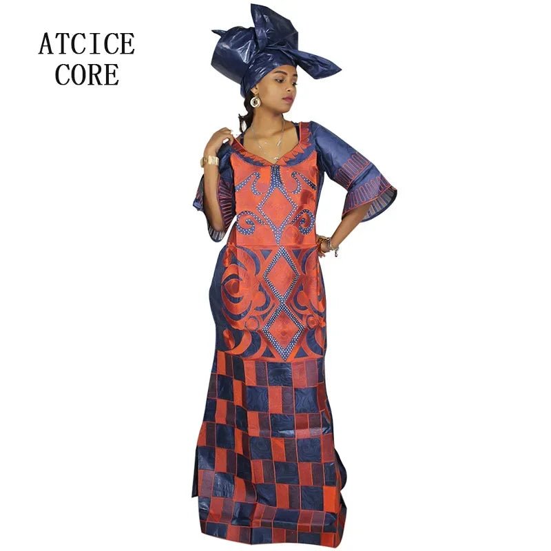 Buy African Women's Bazin Riche Embroidered Plus-Size Long Dress with Matching Scarf for only $59.66 at Flexi Africa!