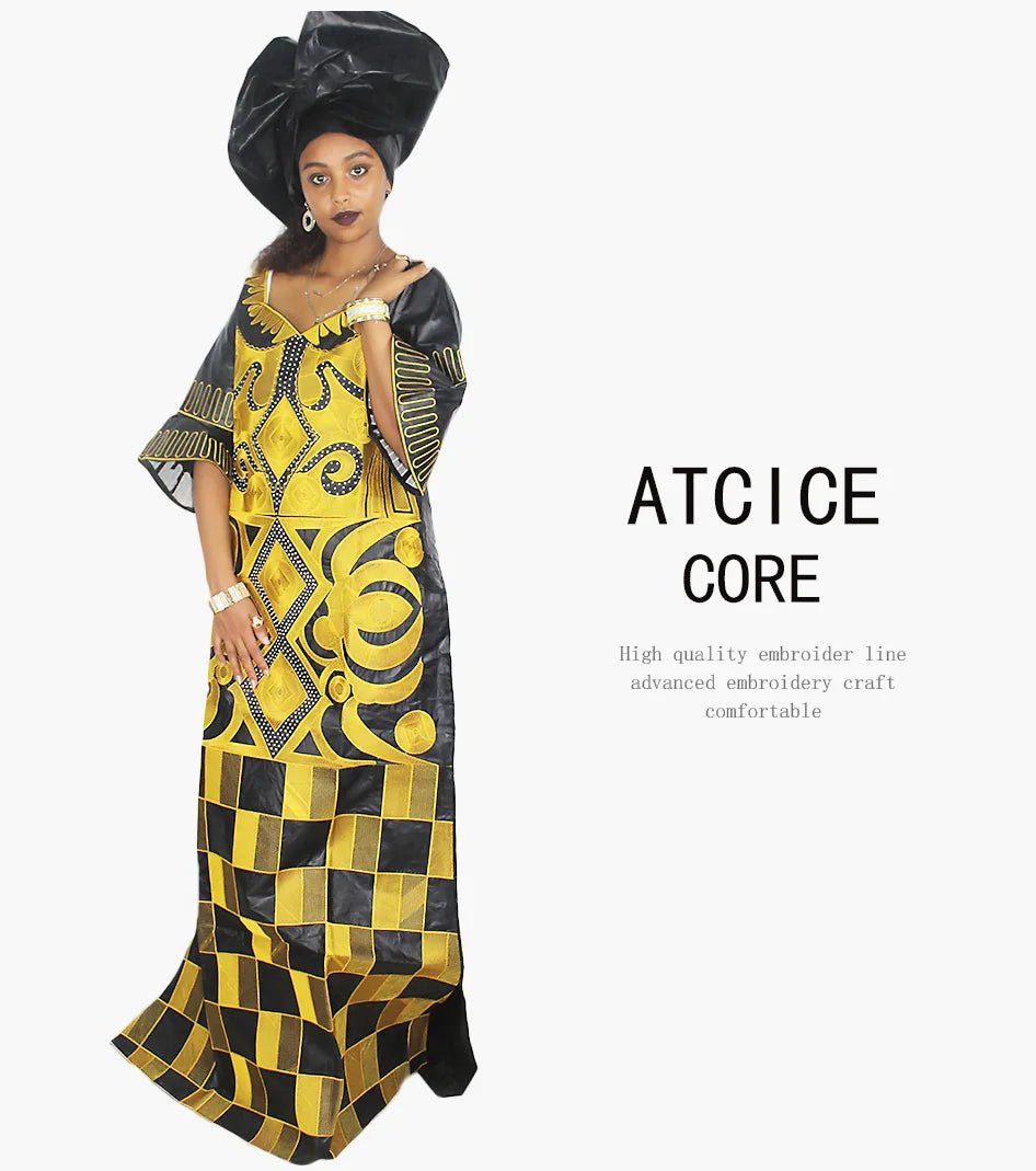 African Women's Bazin Riche Embroidered Plus - Size Long Dress with Matching Scarf - Free Delivery Worldwide only at Flexi Africa