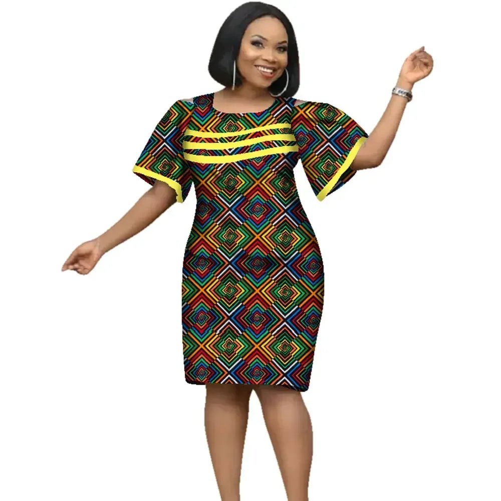 African Women’s Cotton Wax Print Dress – Dashiki Short Sleeve O - Neck Pencil Dress - Free Delivery Worldwide only at Flexi Africa