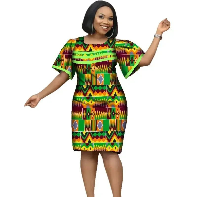 African Women’s Cotton Wax Print Dress – Dashiki Short Sleeve O - Neck Pencil Dress - Free Delivery Worldwide only at Flexi Africa