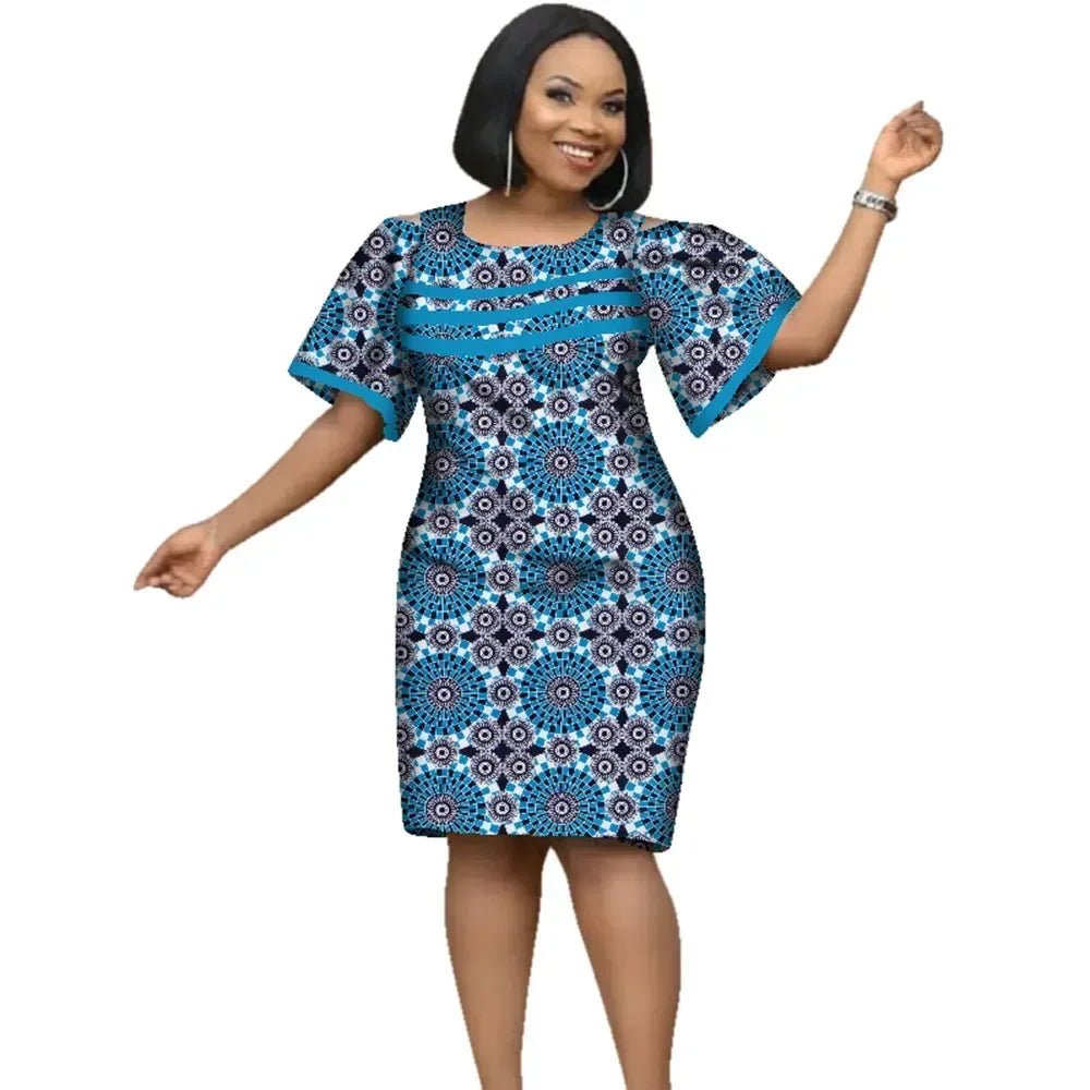 African Women’s Cotton Wax Print Dress – Dashiki Short Sleeve O - Neck Pencil Dress - Free Delivery Worldwide only at Flexi Africa