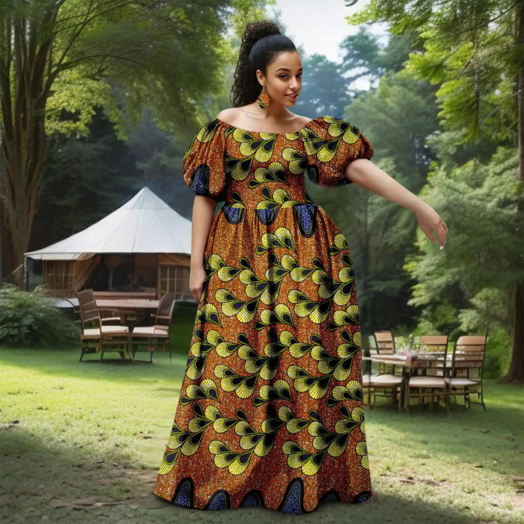 African Women’s Strapless Dress with Bubble Sleeves & Matching Earrings - Free Delivery Worldwide only at Flexi Africa