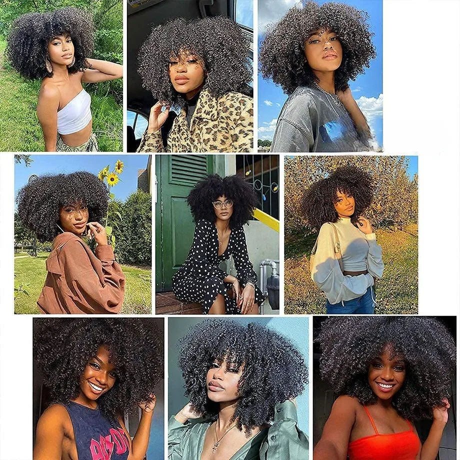 Afro Kinky Curly Human Hair Wigs with Bangs Wear to go Glueless Wig Remy Short Curly Bangs Wig Human Hair - Free Delivery