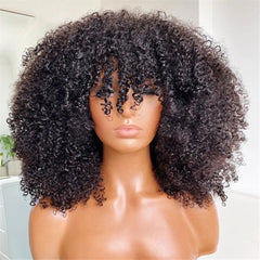 Afro Kinky Curly Human Hair Wigs with Bangs Wear to go Glueless Wig Remy Short Curly Bangs Wig Human Hair - Free Delivery