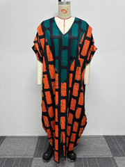 Autumn Inspired African Maxi Dress: Short Sleeve, V - neck, Polyester Printing - Sizes S - 3XL - Flexi Africa - Free Delivery Worldwide only at www.flexiafrica.com