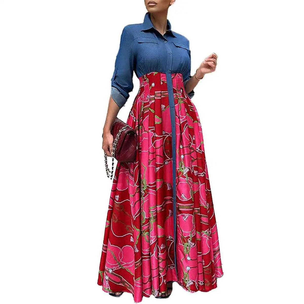 Autumn Winter African Dresses Women Long Sleeve Printing Polyester Red Blue Long Dress Maxi Clothes - Free Delivery Worldwide only at Flexi Africa