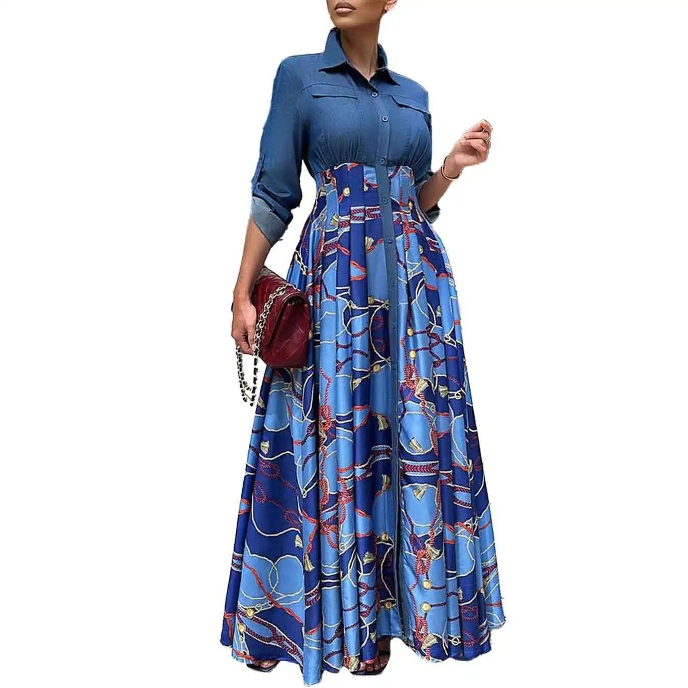 Autumn Winter African Dresses Women Long Sleeve Printing Polyester Red Blue Long Dress Maxi Clothes - Free Delivery Worldwide only at Flexi Africa