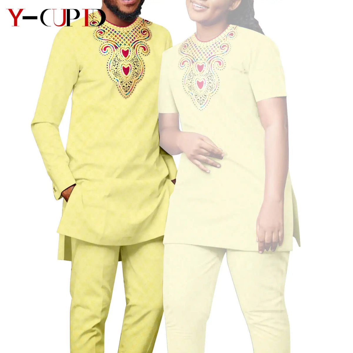 Bazin Riche Couple Outfit – Women’s Jacquard Top & Pants Set with Matching Men’s Kaftan Party Wear - Free Delivery Worldwide only at Flexi Africa