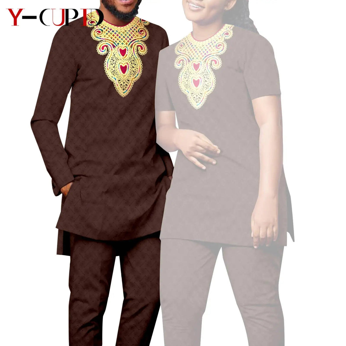 Bazin Riche Couple Outfit – Women’s Jacquard Top & Pants Set with Matching Men’s Kaftan Party Wear - Free Delivery Worldwide only at Flexi Africa