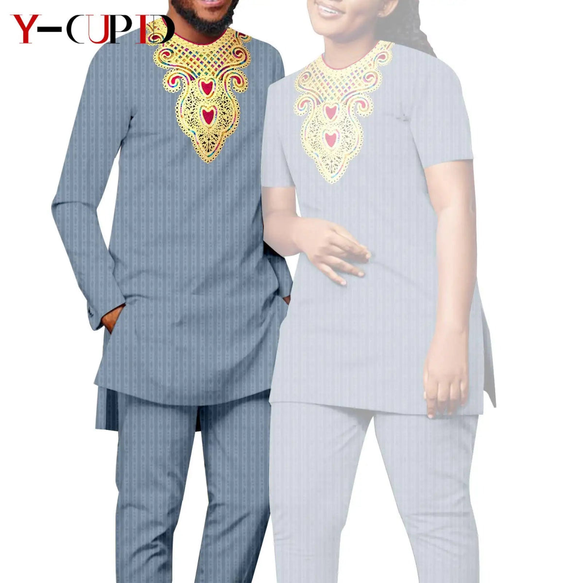 Bazin Riche Couple Outfit – Women’s Jacquard Top & Pants Set with Matching Men’s Kaftan Party Wear - Free Delivery Worldwide only at Flexi Africa