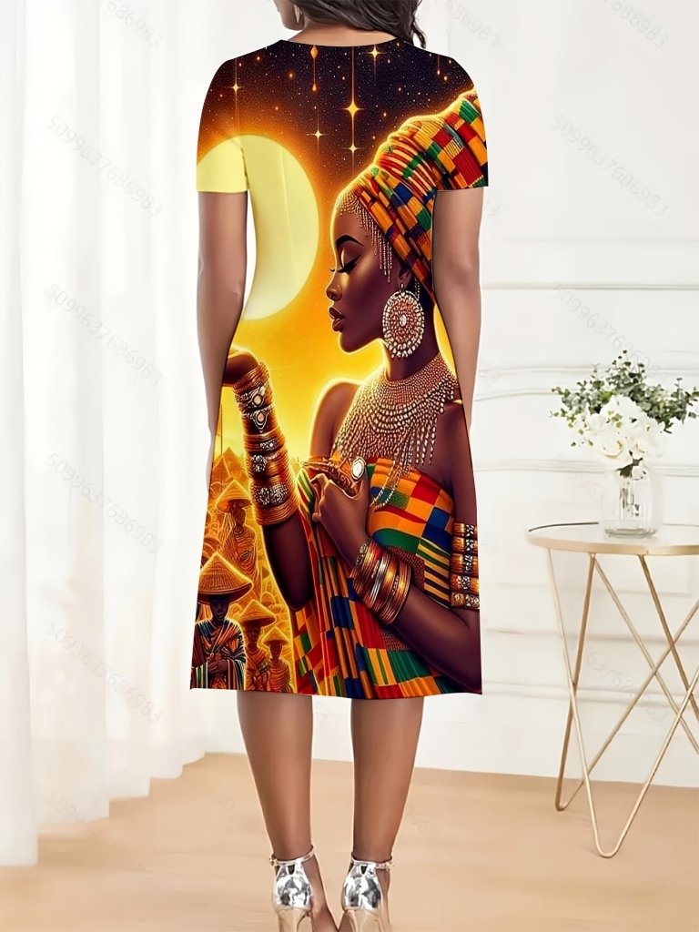 Black History Month Full Print Dress – African Woman with Moon Background, Crew Neck Maxi - Free Delivery Worldwide only at Flexi Africa