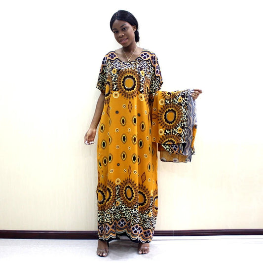 Bohemian Traditional Print Loose African Autumn Fashion Women's Dress with Scarf - Free Delivery Worldwide only at Flexi Africa