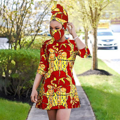 Chic Ensemble: Mini Dress with Coordinating Headwrap and Facemask Set - Flexi Africa - Flexi Africa offers Free Delivery Worldwide - Vibrant African traditional clothing showcasing bold prints and intricate designs
