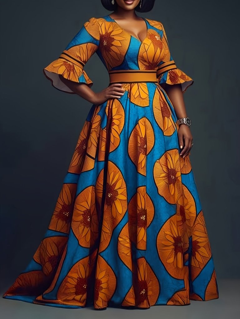 Chic V - Neck Printed Dress – Flare Sleeves & Slim - Fit Zipper Waist - Free Delivery Worldwide only at Flexi Africa