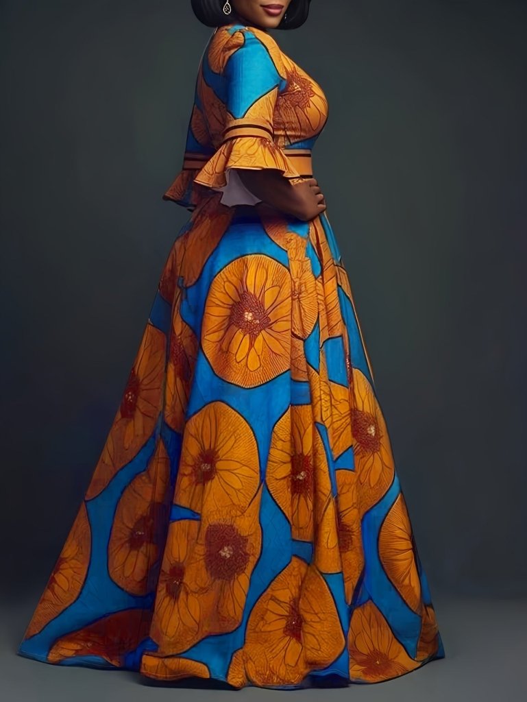 Chic V - Neck Printed Dress – Flare Sleeves & Slim - Fit Zipper Waist - Free Delivery Worldwide only at Flexi Africa