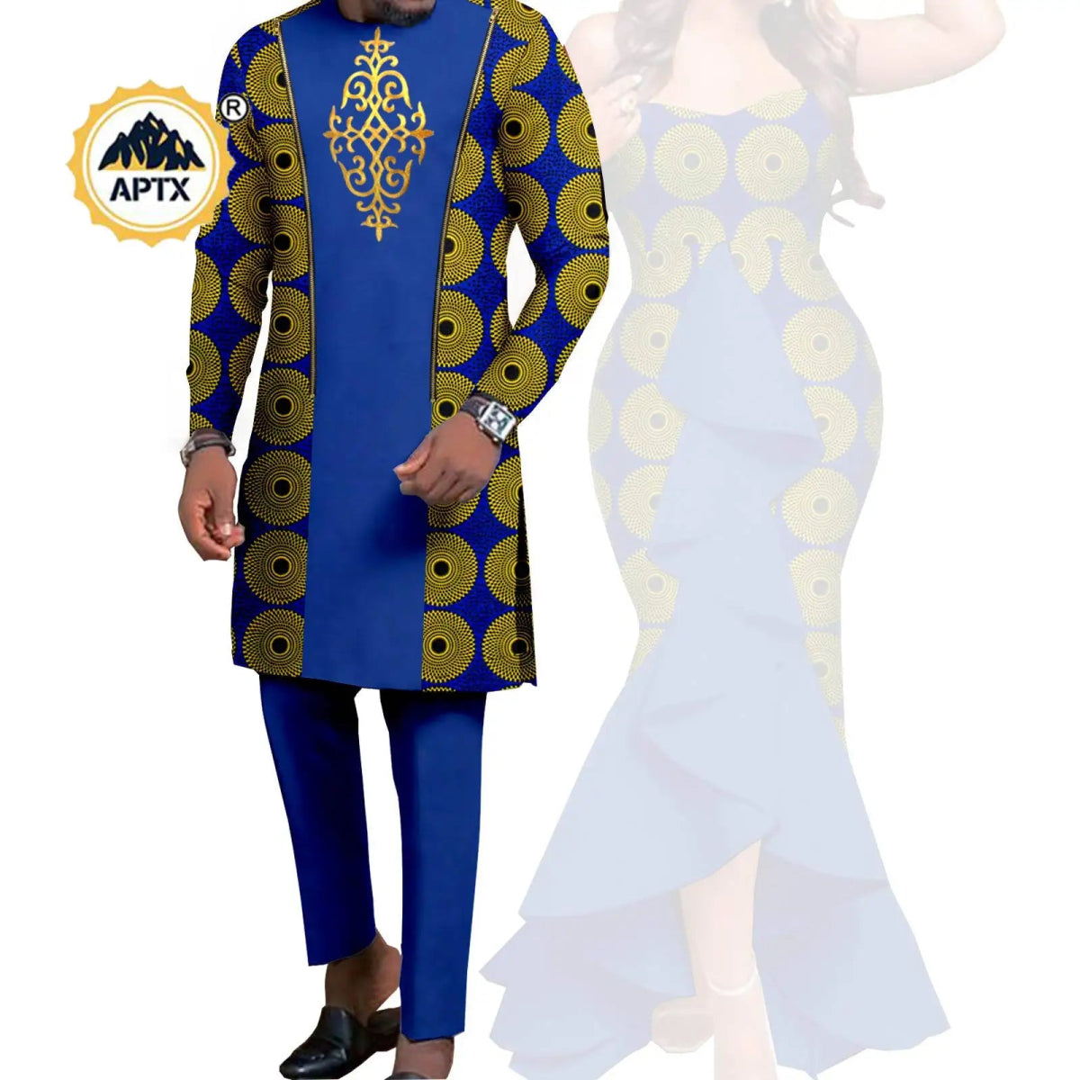 Dashiki African Couple Wedding Set – Women’s Mermaid Dress & Matching Men’s Bazin Riche Shirt and Pants - Free Delivery