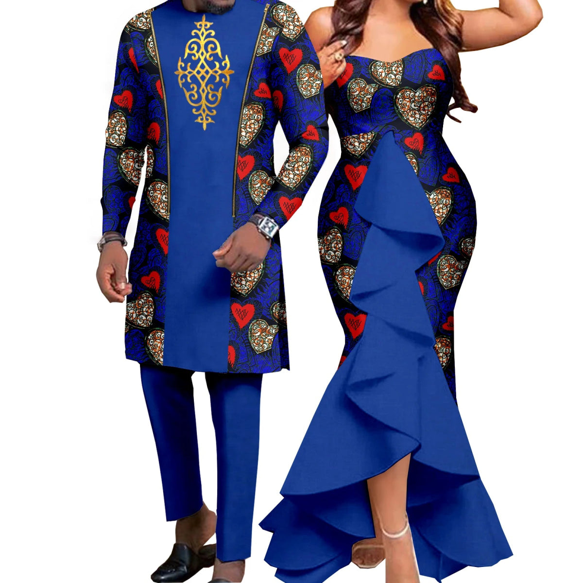 Dashiki African Couple Wedding Set – Women’s Mermaid Dress & Matching Men’s Bazin Riche Shirt and Pants - Free Delivery
