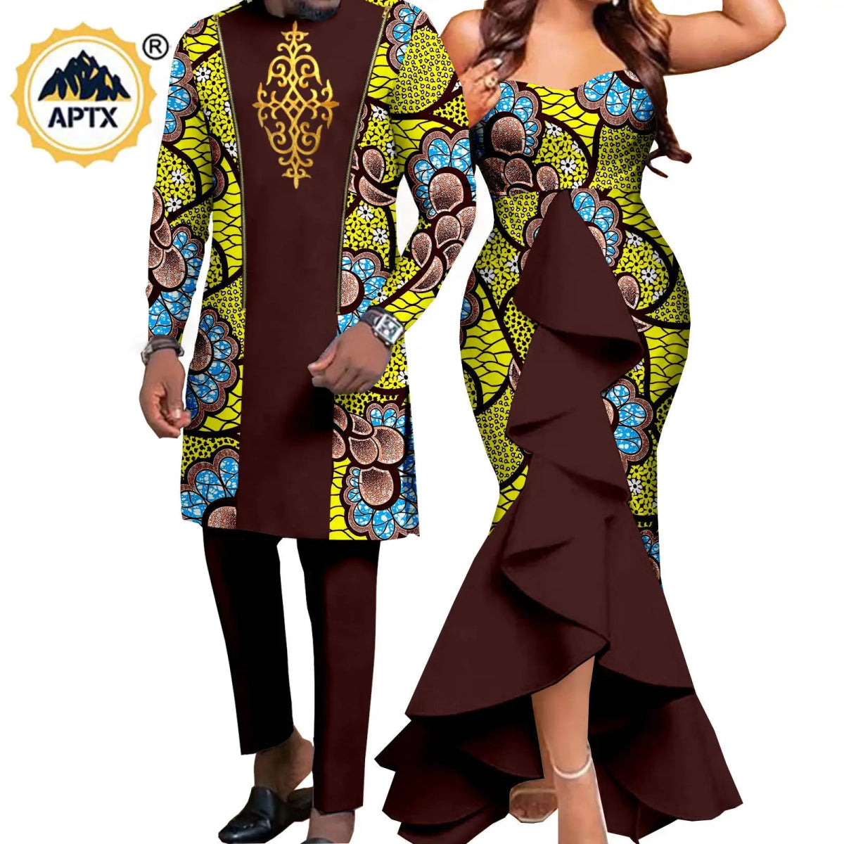 Dashiki African Couple Wedding Set – Women’s Mermaid Dress & Matching Men’s Bazin Riche Shirt and Pants - Free Delivery
