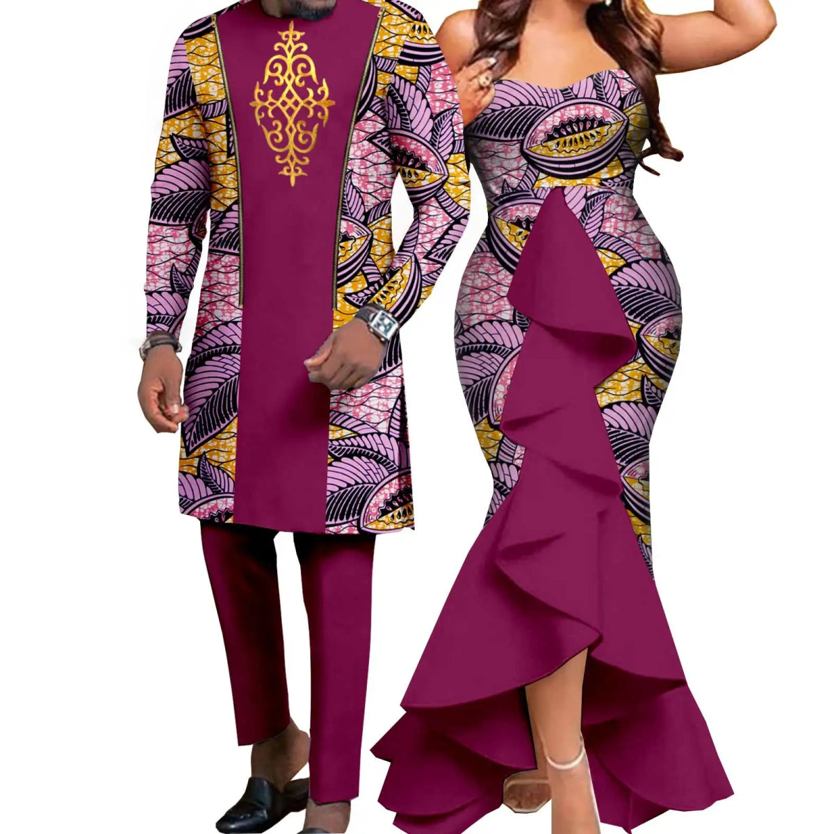 Dashiki African Couple Wedding Set – Women’s Mermaid Dress & Matching Men’s Bazin Riche Shirt and Pants - Free Delivery Worldwide only at Flexi Africa
