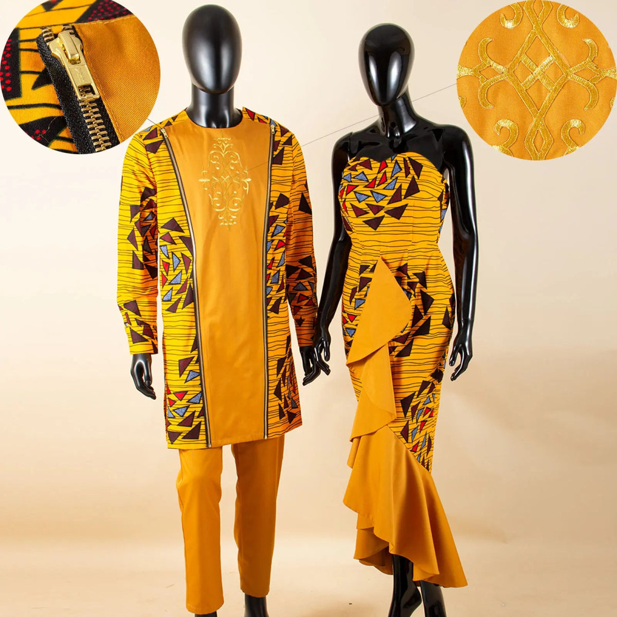 Dashiki African Couple Wedding Set – Women’s Mermaid Dress & Matching Men’s Bazin Riche Shirt and Pants - Free Delivery Worldwide only at Flexi Africa