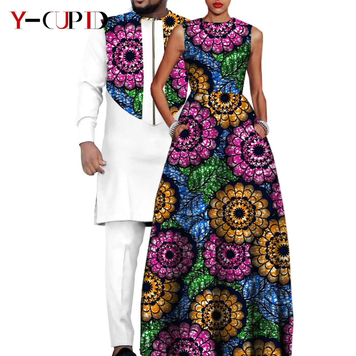 Dashiki Couple Outfit Set – Women’s African Dress with Men’s Bazin Riche Top and Pants for Special Occasions - Free Delivery Worldwide only at Flexi Africa