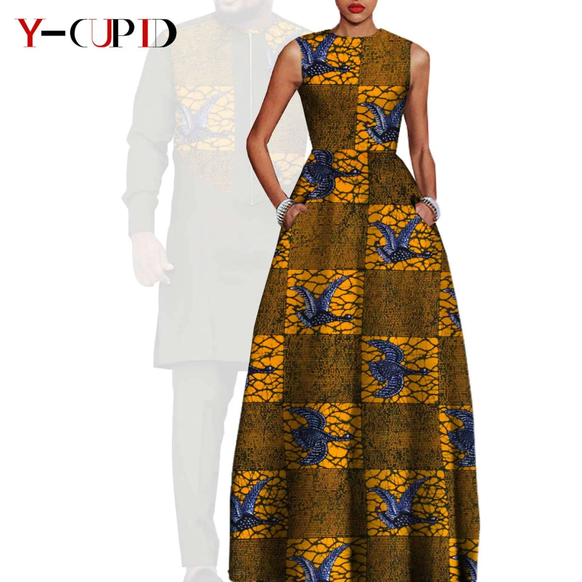 Dashiki Couple Outfit Set – Women’s African Dress with Men’s Bazin Riche Top and Pants for Special Occasions - Free Delivery Worldwide only at Flexi Africa